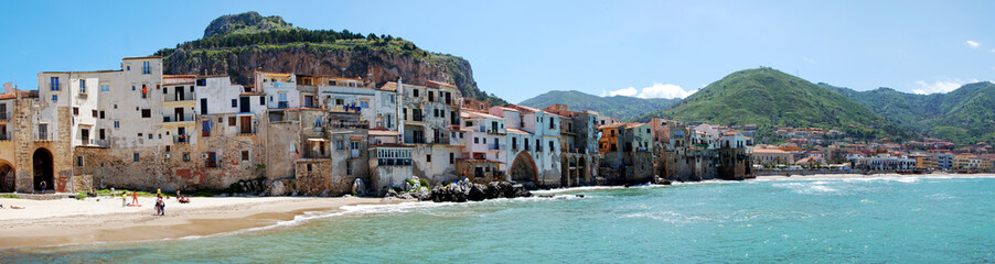 panoramic view of the historic town of Cefalu on Sicilia from the seaside, Italy