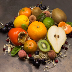 Set of varied, multicolored exotic fruits.