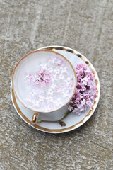 A cup with water and with lilac flowers inside