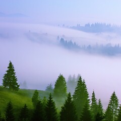vertical foggy mountains scene, stunning summer dawn landscape, hills mountains covered forest on background morning valley in golden sunlight and dramatic sky, amazing panoramic nature scenery.