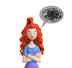 Frustrated girl with sad face and nervous problem. Negative self talk. Trendy 3d illustration.