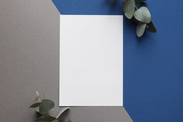 Floral mock up. Vertical blank sheet of paper with eucalyptus leaves on blue and grey background. Template for design or invitation, copy space. Top view, flat lay. Simplicity © Anastasia Pokliatska