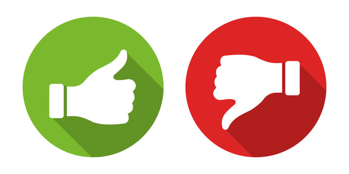Thumbs up and down vector icons. Good symbol in flat style. Hand like round button. Social media sign. Vector illustration.