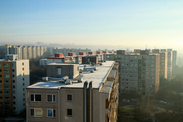 The misty morning detail of the part of the big area of high rise block of flats from the socialist era in Prague in Czech Republic called Černý most. Like rabbit hutches fot the people. 