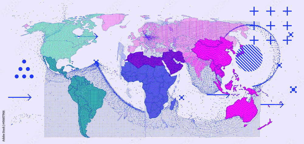 Aufkleber Map of the World in pixel art style. Retrofuturistic cyberpunk user interface, sci-fi hacker UI.