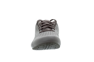 male shoes with laces made of perforated gray leather in elegant style for casual walking and active lifestyle, label footwear object front view isolated on white background.