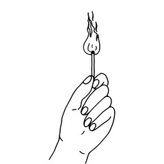 Hand holds a match with a flame. Drawn by contour in doodle style. Vector illustration.