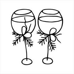 Two festive glasses of wine, decorated with a ribbon and fir branches. Drawn in outline on a white background in doodle style. Vector illustration