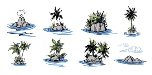 Palm tree island on the sea. Hand drawn black outline on transparent background. Vector illustration © aksol