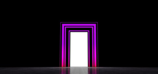 Glowing portal surrounded by glowing frame in dark space. Glowing screen, framed by a frame of stripes, 3D illustration