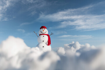 Funny snowman in stylish red hat and red scalf on snowy field. Blue sky on background