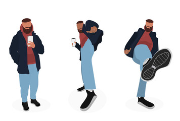 Stylish trendy clothes. Guy in casual clothes in different poses. Takes a selfie on a smartphone. Dancing, posing for a photo shoot. Vector.