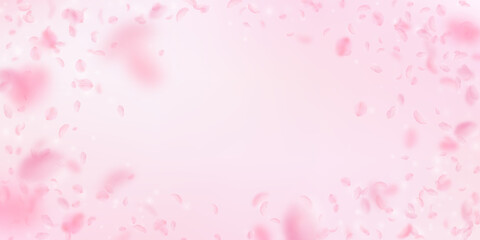 Sakura petals falling down. Romantic pink flowers vignette. Flying petals on pink wide background. L