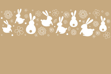 Template of Easter greeting card with bunnies and flowers. Vector