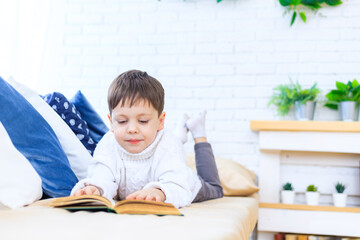 Naklejka premium The boy on the couch is reading a book . Reading a book. Bright room. The boy is lying on the sofa. Article about children's leisure time. The development of children. Children's books.