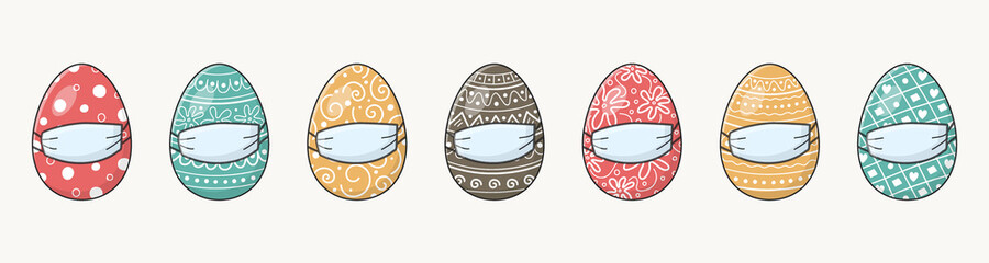 Colourful Easter eggs with face masks. Banner. Holidays during pandemic. Vector