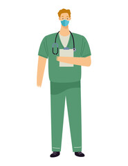 male doctor wearing medical mask and stethoscope with checklist