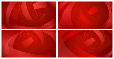 Set of four volleyball backgrounds with big ball in red colors