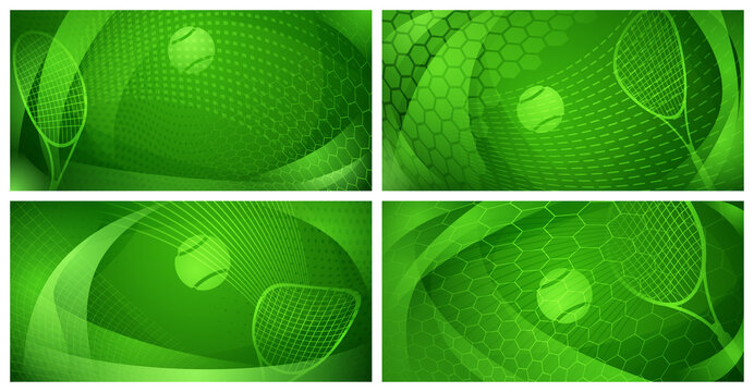 Set of four abstract tennis backgrounds with ball and racket in green colors