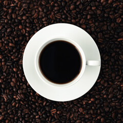 White plate, cup of coffee on a bunch of roasted coffee beans background