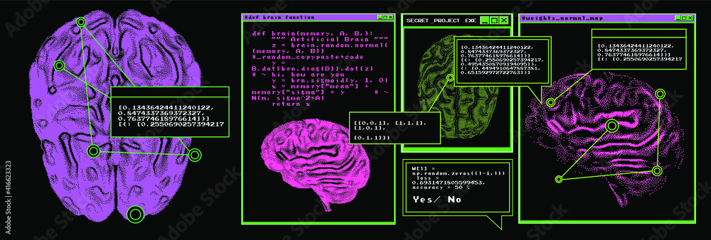 Poster Sci-fi futuristic dashboard with message boxes and windows. Computer screen of scientist's desktop with brain MRI scans, programs and charts.