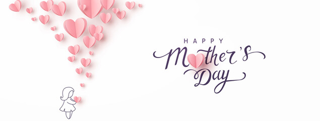 Fototapeta na wymiar Mother's day greeting card. Vector banner with girl and flying pink paper hearts. Symbols of love on white background