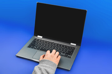 Laptop office mockup, man is use laptop, blue isolated background