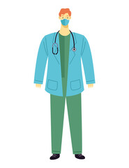 male doctor wearing medical mask and blue coat with stethoscope