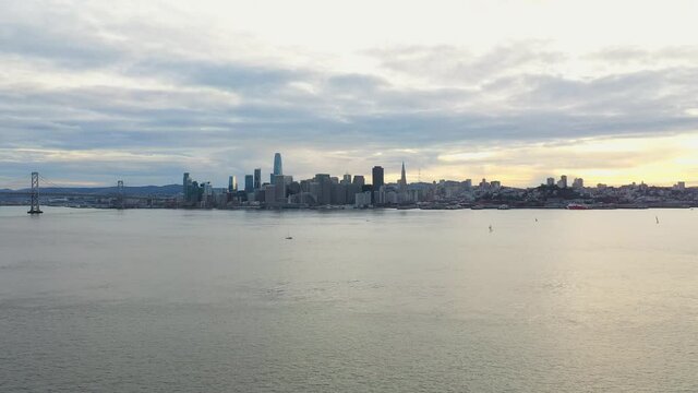 Aerial: flying towards the city, drone view