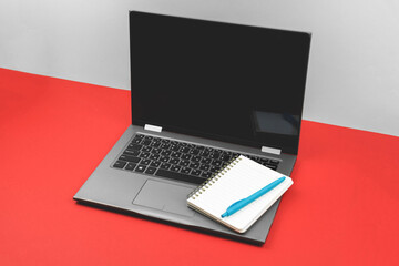 Fototapeta na wymiar Flat lay laptop mockup background with office supplies