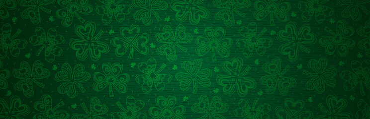 Green Patricks Day greeting banner with green clovers. Patrick's Day holiday design. Horizontal background, headers, posters, cards, website. Vector illustration - obrazy, fototapety, plakaty