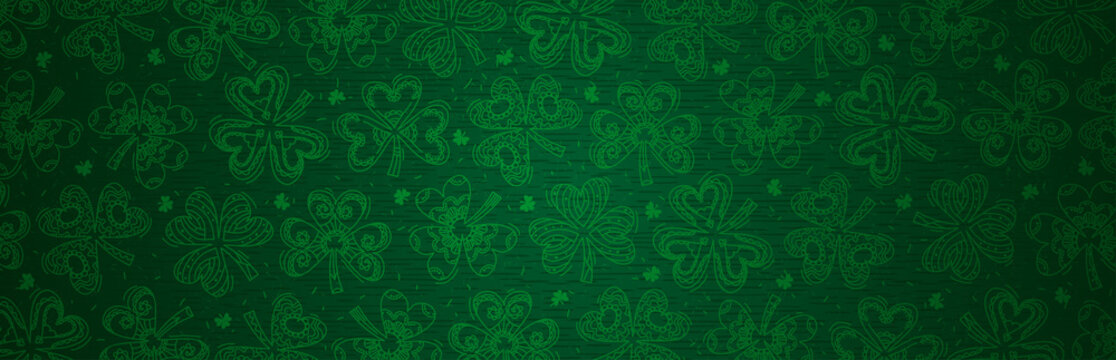 Green Patricks Day greeting banner with green clovers. Patrick's Day holiday design. Horizontal background, headers, posters, cards, website. Vector illustration
