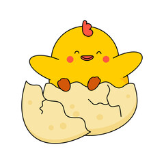 A cute happy chicken hatched from an egg. Cartoon style illustration for Easter and other designs. Vector isolated on white