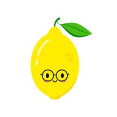 Cute wisdom lemon in eyeglases icon isolated on white background. Funny cartoon summer kids education character citrus fruit . Fresh yellow lemon with green leaf mascot flat design vector illustration