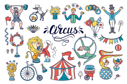 Vector cartoon set on the theme of circus, performance, theater stage, training, acrobatics. Isolated colorful hand drawn doodles for use in design