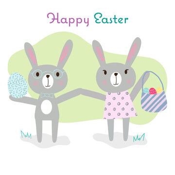 Hand drawn easter bunny girl in dress and bunny boy, painted eggs and a basket surrounded by green grass. Bright, funny, cute editable EPS 10 vector graphic illustration. Happy easter concept.