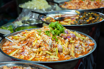 Street food market in Asia. Food counters