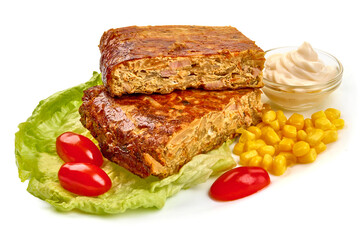 Cabbage casserole, freshly baked pie, isolated on white background. High resolution image