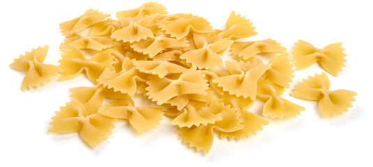 Raw farfalle pasta, Itallian food, close-up, isolated on white background