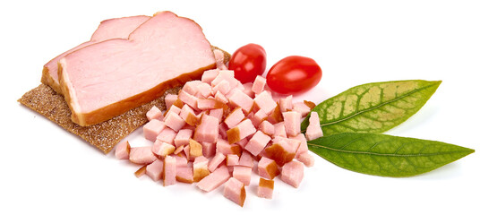 Smoked meat slices, isolated on white background. High resolution image