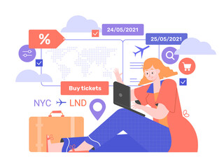 Girl with laptop, suitcase and plane ticket. Promotions and discounts, accumulation of miles, selection of great deals. Airplane travel concept. Vector flat illustration.