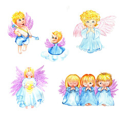 Clipart seven cute angels. Kids with wings.