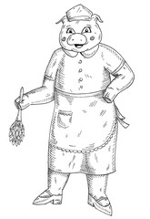 Pig is dressed in maid costume and wipes the dust. Hatching illustration