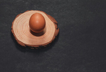 Organic gaina egg in rustic setting on wooden slice with black background