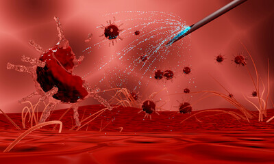 Vaccine Prevention and Treatment covid-19. Virus treatment scenario with coronavirus epidemic vaccine. Pathogens or viruses are destroyed by drugs by syringing. 3D Rendering
