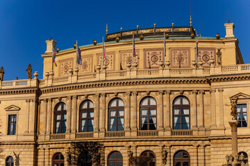 Fototapeta na wymiar Neo-Renaissance building Rudolfinum Concert Hall, home to the Czech Philharmonic Orchestra at Jan Palach Square, snow in sunny winter day, Old Town, Prague, Czech Republic