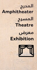 Hinweisschild für: Amphitheater, Theater und Ausstellung