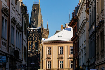 Fototapeta premium Architectural parts of gothic Powder gate tower, Celetna Street, stone carved art ornament detail, medieval ancient, Stare Mesto or Old Town district, Prague, Czech Republic