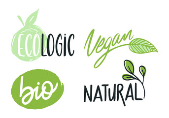 Four handwritten lettering on white background "ecologic, vegan, bio, natural" for menu, products, snacks, prints, poster.