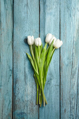 White flowers, fresh tulips on light blue wooden background